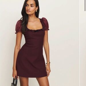 Reformation Burgundy Mini Dress with Puff Sleeves